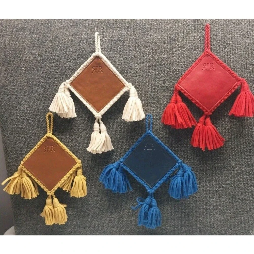 Vintage 70s Boho Yarn Wall Hanging Set of 4 Mini Tassel Folk Art Plaques 4